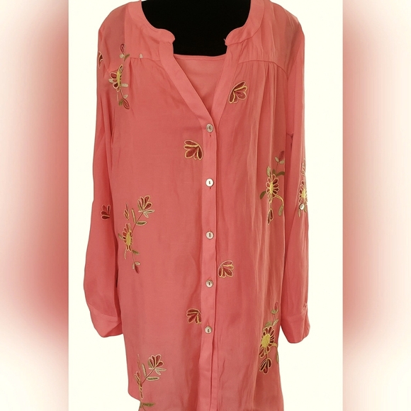 New Boho 2XL Chic Coral Artisy Lagenlook Embroidered Floral Tunic Top - Picture 2 of 11
